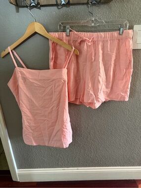 State of Day Pink Linen Blend Cami Short set Large NWOT Summer Lounge PJ Resort